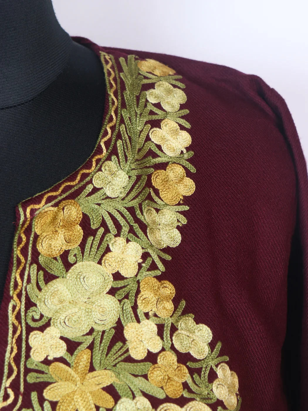 Anousha Kashmiri Pheran In Cashmilon wool With Aari Embroidery | Maroon - Image 3