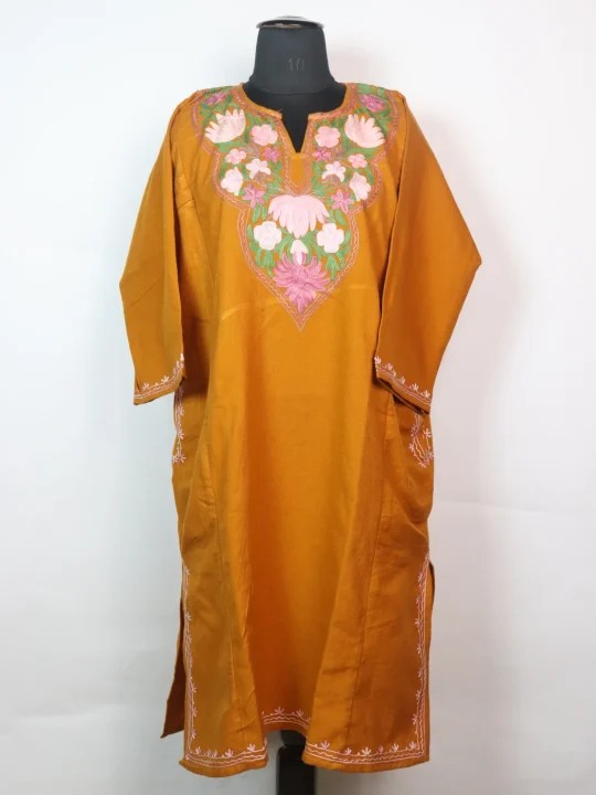 Mustard Kashmiri Pheran In Cashmilon wool With Aari Embroidery | Elina