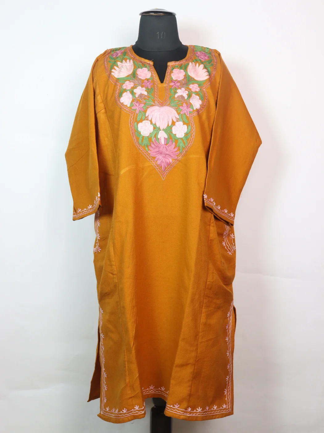 Mustard Kashmiri Pheran In Cashmilon wool With Aari Embroidery | Elina