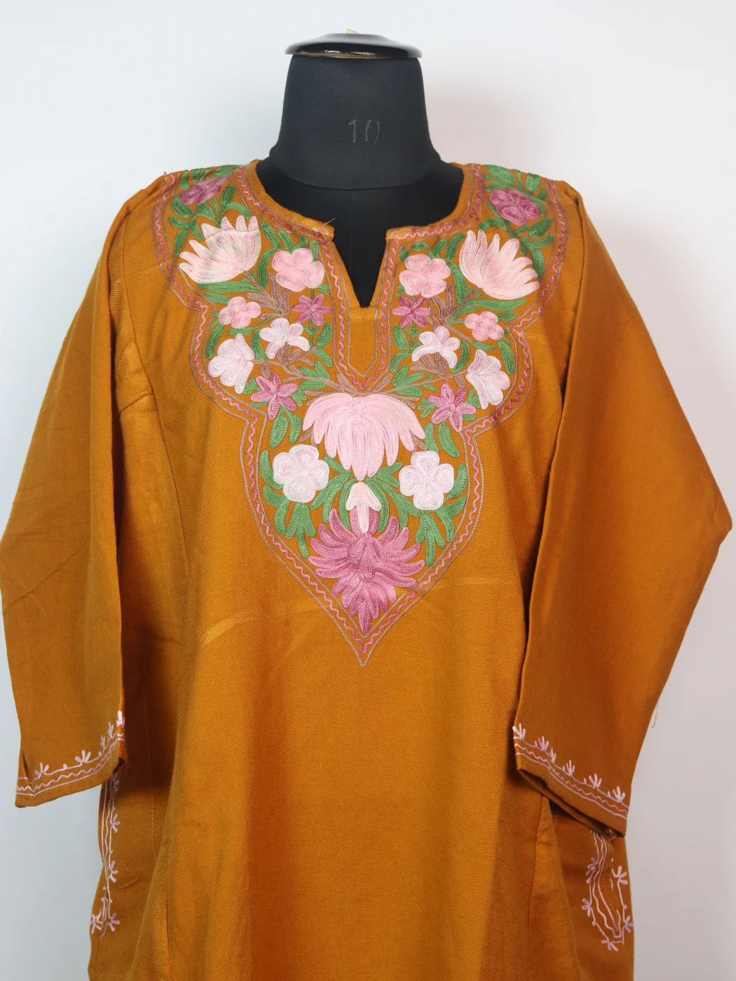 Mustard Kashmiri Pheran In Cashmilon wool With Aari Embroidery | Elina - Image 2
