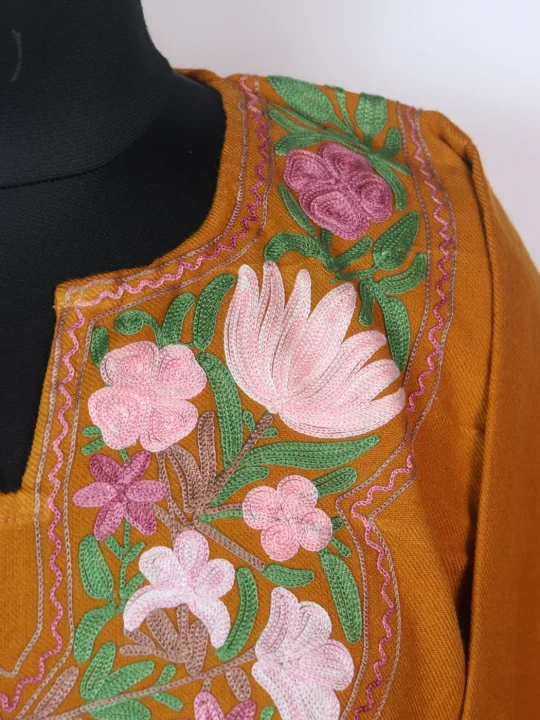Mustard Kashmiri Pheran In Cashmilon wool With Aari Embroidery | Elina - Image 3