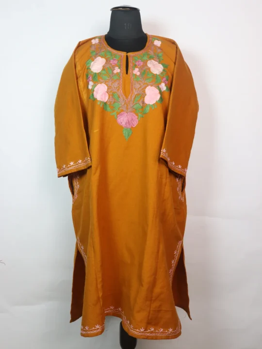 Mirha Kashmiri Pheran In Cashmilon wool With Aari Embroidery | Mustard