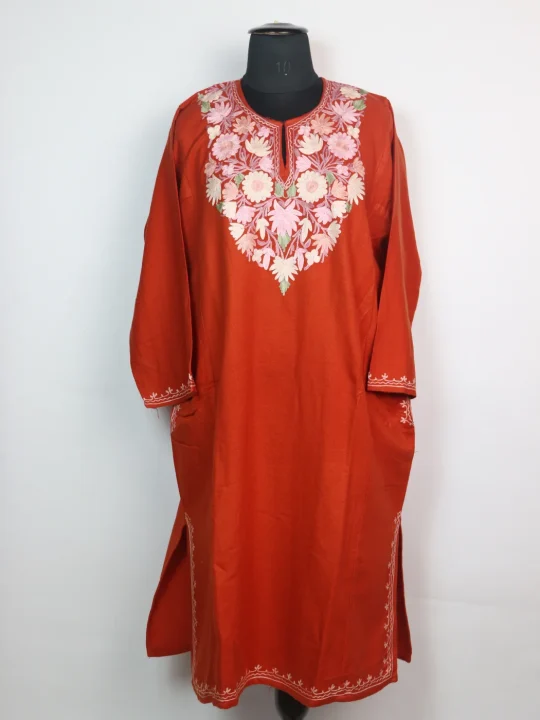 Ayesha Kashmiri Pheran in Rust Cashmilon Wool with Aari Embroidery
