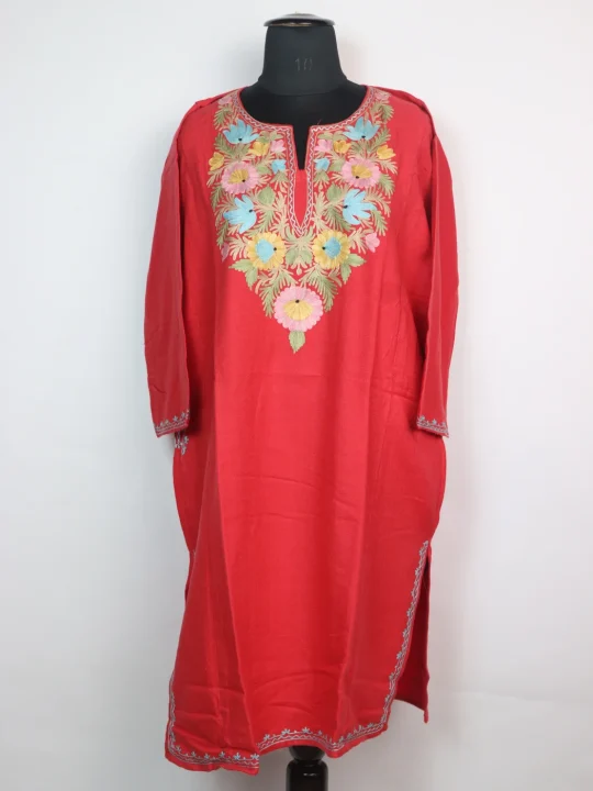Kashmiri Pheran Ayesha in Red Cashmilon Wool with Aari Embroidery