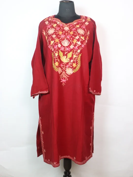 Inaya Kashmiri Pheran In Cashmilon wool With Aari Embroidery | Maroon