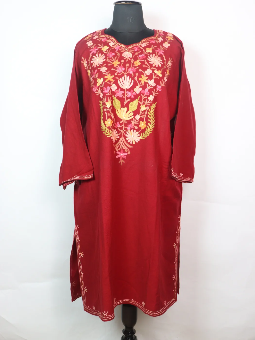 Inaya Kashmiri Pheran In Cashmilon wool With Aari Embroidery | Maroon