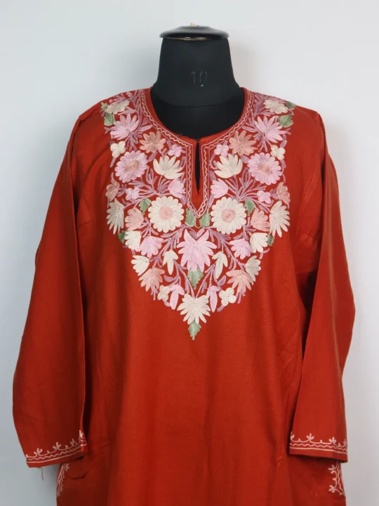 Ayesha Kashmiri Pheran in Rust Cashmilon Wool with Aari Embroidery - Image 2