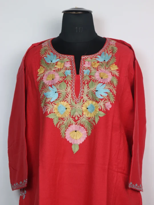 Kashmiri Pheran Ayesha in Red Cashmilon Wool with Aari Embroidery - Image 2