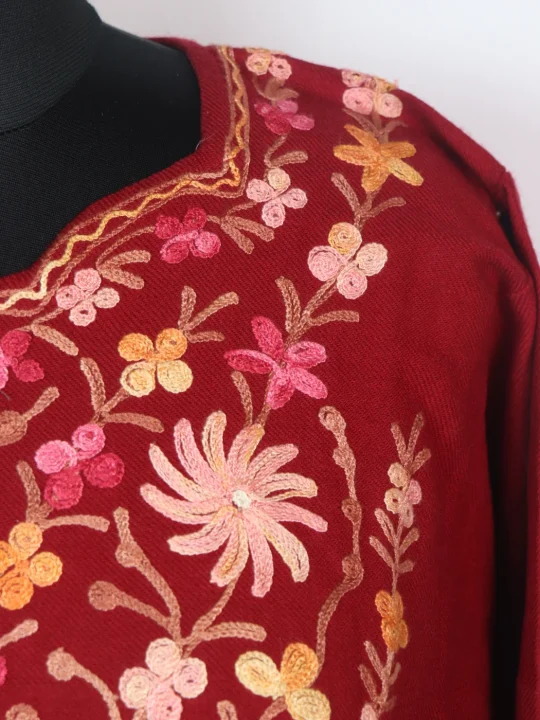 Inaya Kashmiri Pheran In Cashmilon wool With Aari Embroidery | Maroon - Image 3