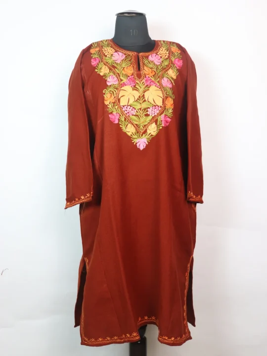 Narmeen Kashmiri Pheran In Cashmilon wool With Aari Embroidery | Rust