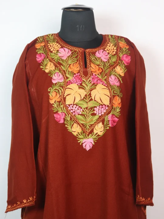 Narmeen Kashmiri Pheran In Cashmilon wool With Aari Embroidery | Rust - Image 2
