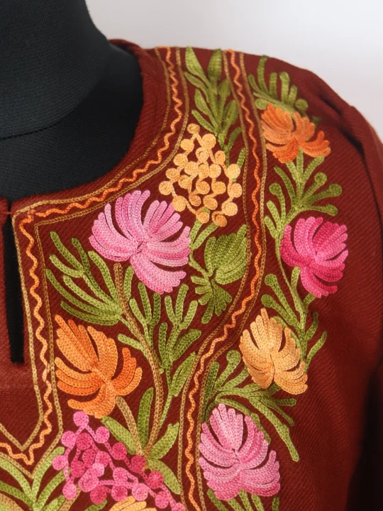 Narmeen Kashmiri Pheran In Cashmilon wool With Aari Embroidery | Rust - Image 3