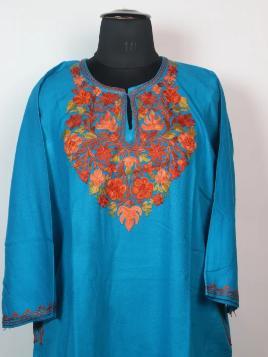 Rameen Kashmiri Pheran In Cashmilon wool With Aari Embroidery | Teal Blue - Image 2