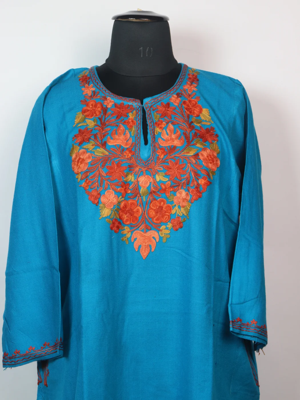 Rameen Kashmiri Pheran In Cashmilon wool With Aari Embroidery | Teal Blue - Image 2
