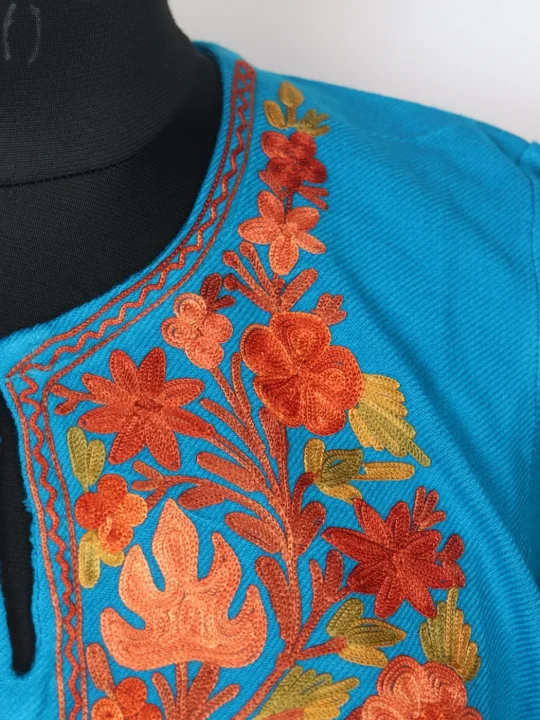 Rameen Kashmiri Pheran In Cashmilon wool With Aari Embroidery | Teal Blue - Image 3