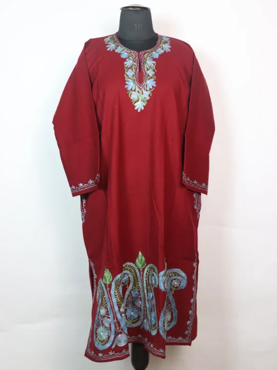 Eshal Kashmiri Pheran In Cashmilon wool With Aari Embroidery | Wine