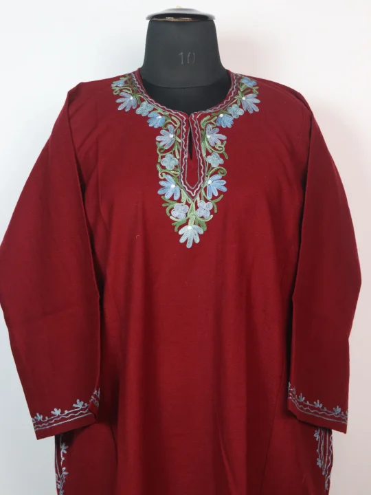 Eshal Kashmiri Pheran In Cashmilon wool With Aari Embroidery | Wine - Image 2