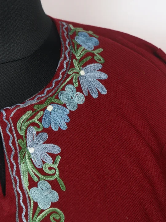 Eshal Kashmiri Pheran In Cashmilon wool With Aari Embroidery | Wine - Image 3