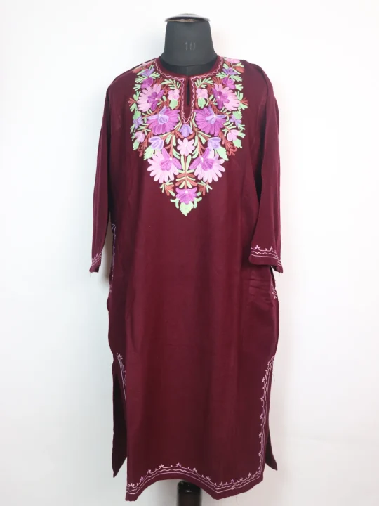 Ayesha Kashmiri Pheran with Aari Embroidery in Wine Cashmilon Wool