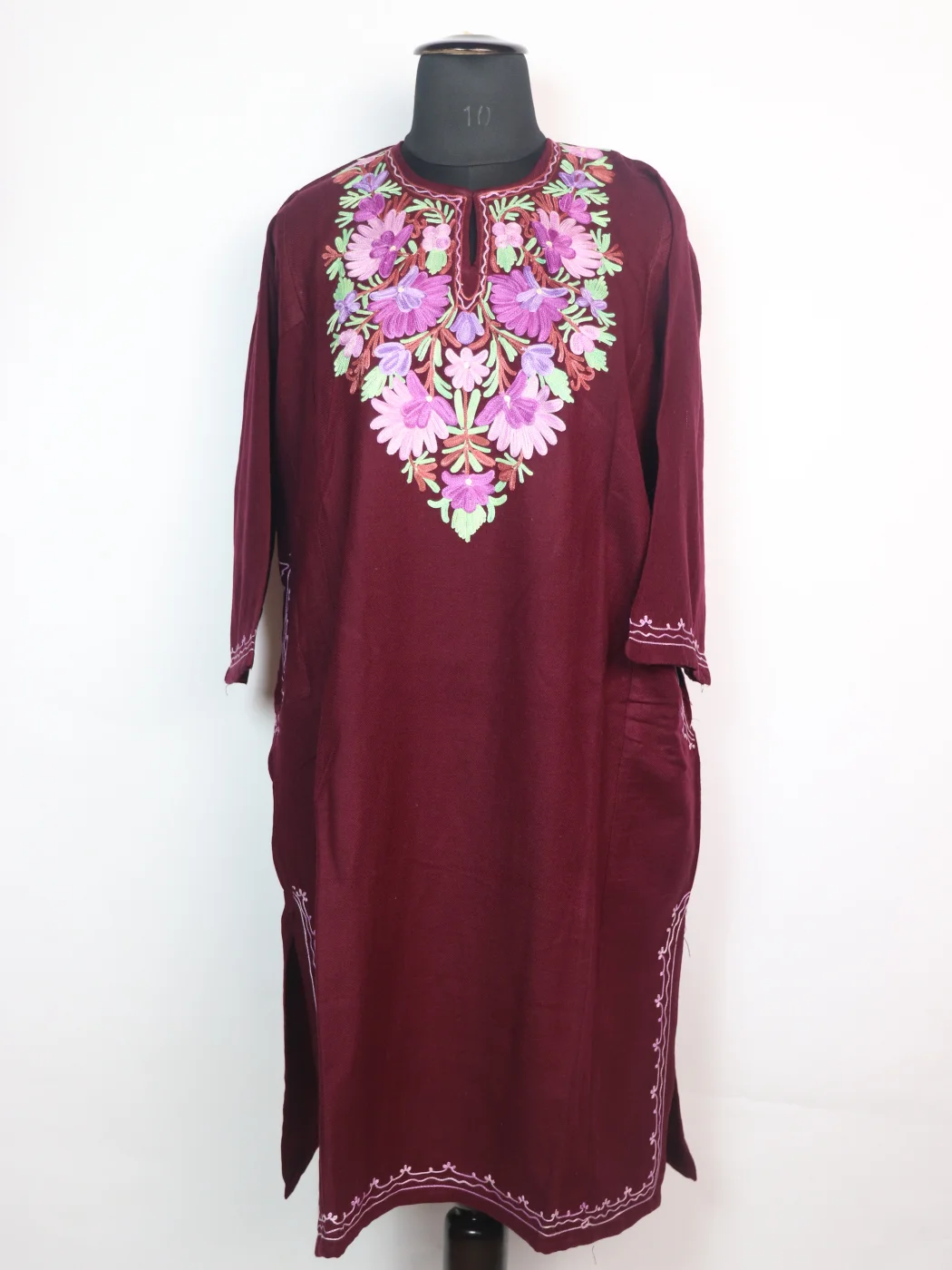 Ayesha Kashmiri Pheran with Aari Embroidery in Wine Cashmilon Wool