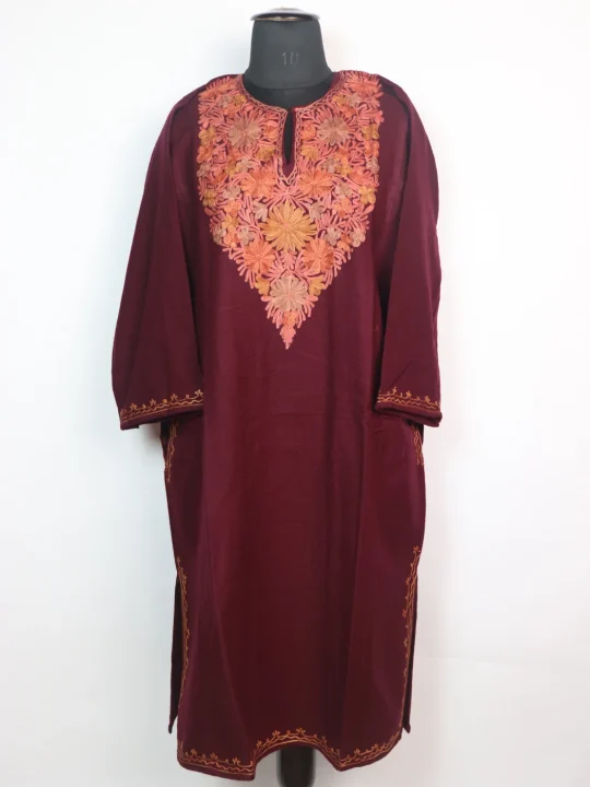 Ayesha Kashmiri Pheran in Wine Cashmilon Wool with Aari Embroidery