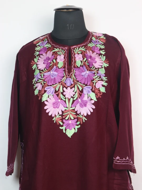 Ayesha Kashmiri Pheran with Aari Embroidery in Wine Cashmilon Wool - Image 2