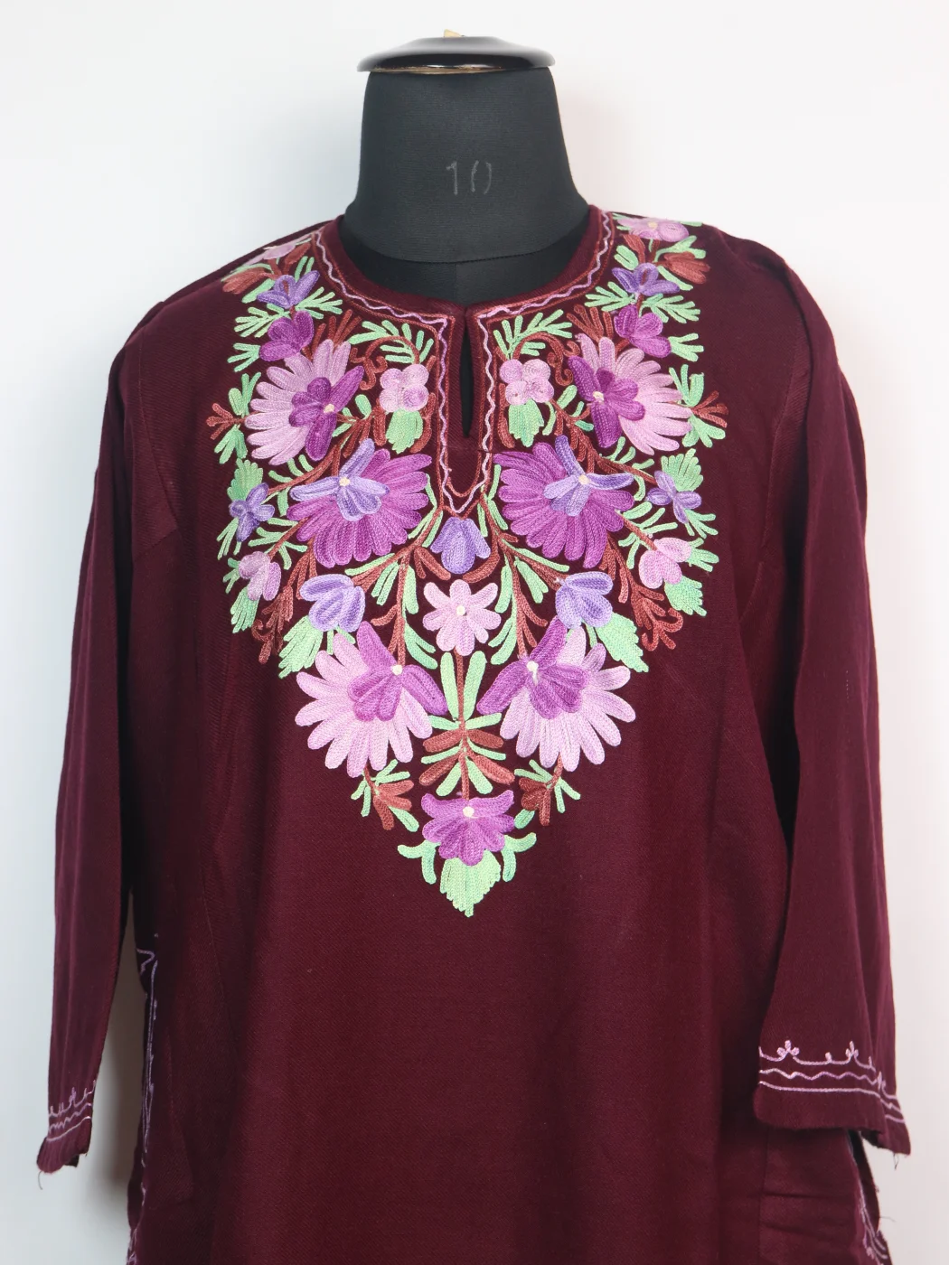 Ayesha Kashmiri Pheran with Aari Embroidery in Wine Cashmilon Wool - Image 2