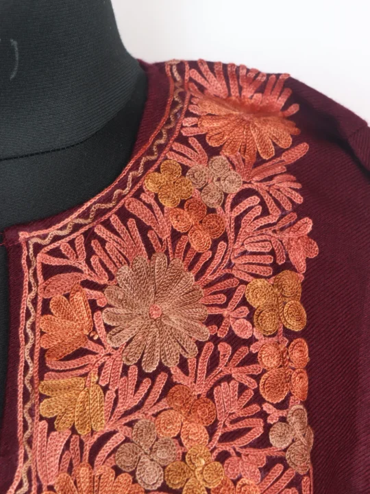 Ayesha Kashmiri Pheran in Wine Cashmilon Wool with Aari Embroidery - Image 3