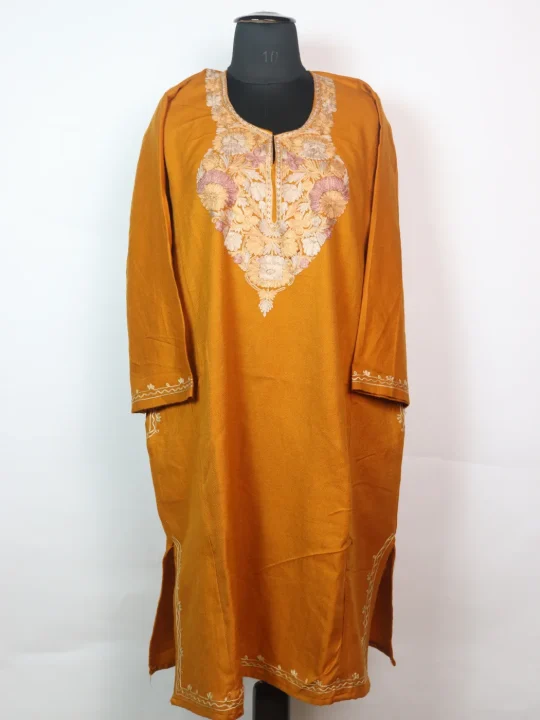 Mustard Kashmiri Pheran In Cashmilon wool With Aari Embroidery | Rimsha