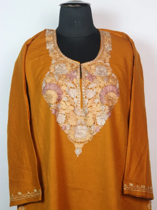 Mustard Kashmiri Pheran In Cashmilon wool With Aari Embroidery | Rimsha - Image 2
