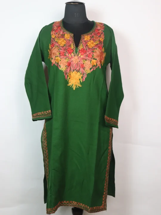 Minaal Kashmiri Pheran In Cashmilon wool With Aari Embroidery | Green