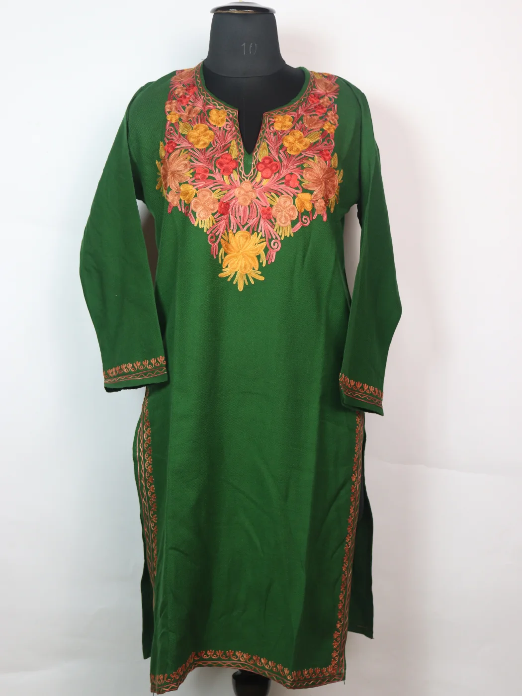 Minaal Kashmiri Pheran In Cashmilon wool With Aari Embroidery | Green