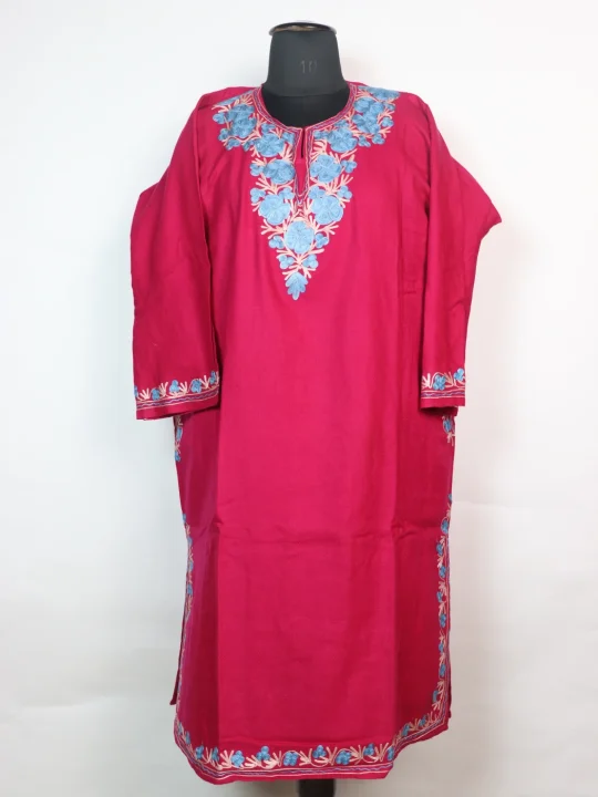 Kashmiri Pheran Insha In Cashmilon wool With Aari Embroidery | Rani Pink
