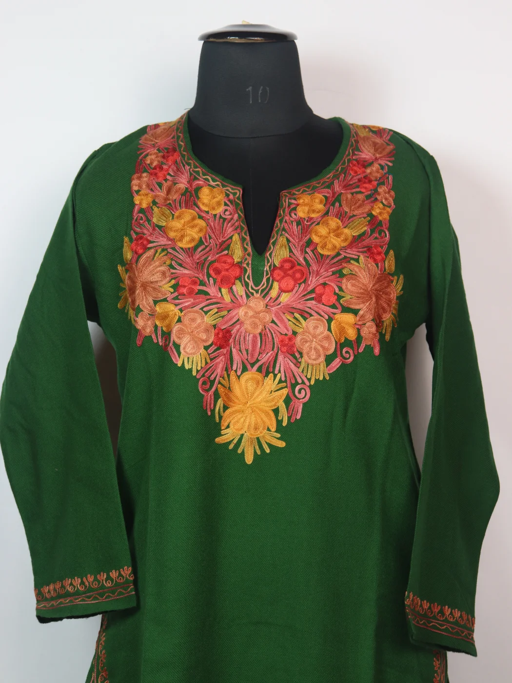 Minaal Kashmiri Pheran In Cashmilon wool With Aari Embroidery | Green - Image 2