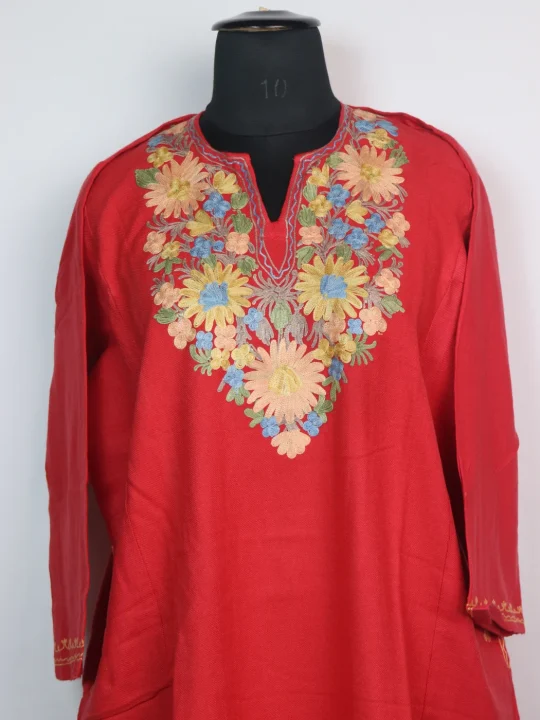 Kashmiri Pheran Ayesha with Aari Embroidery in Red Cashmilon Wool - Image 2