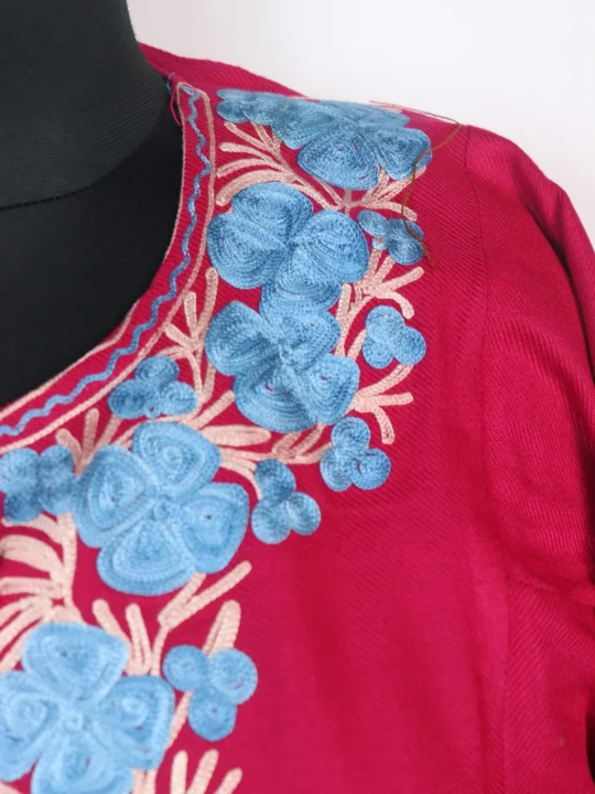 Kashmiri Pheran Insha In Cashmilon wool With Aari Embroidery | Rani Pink - Image 3
