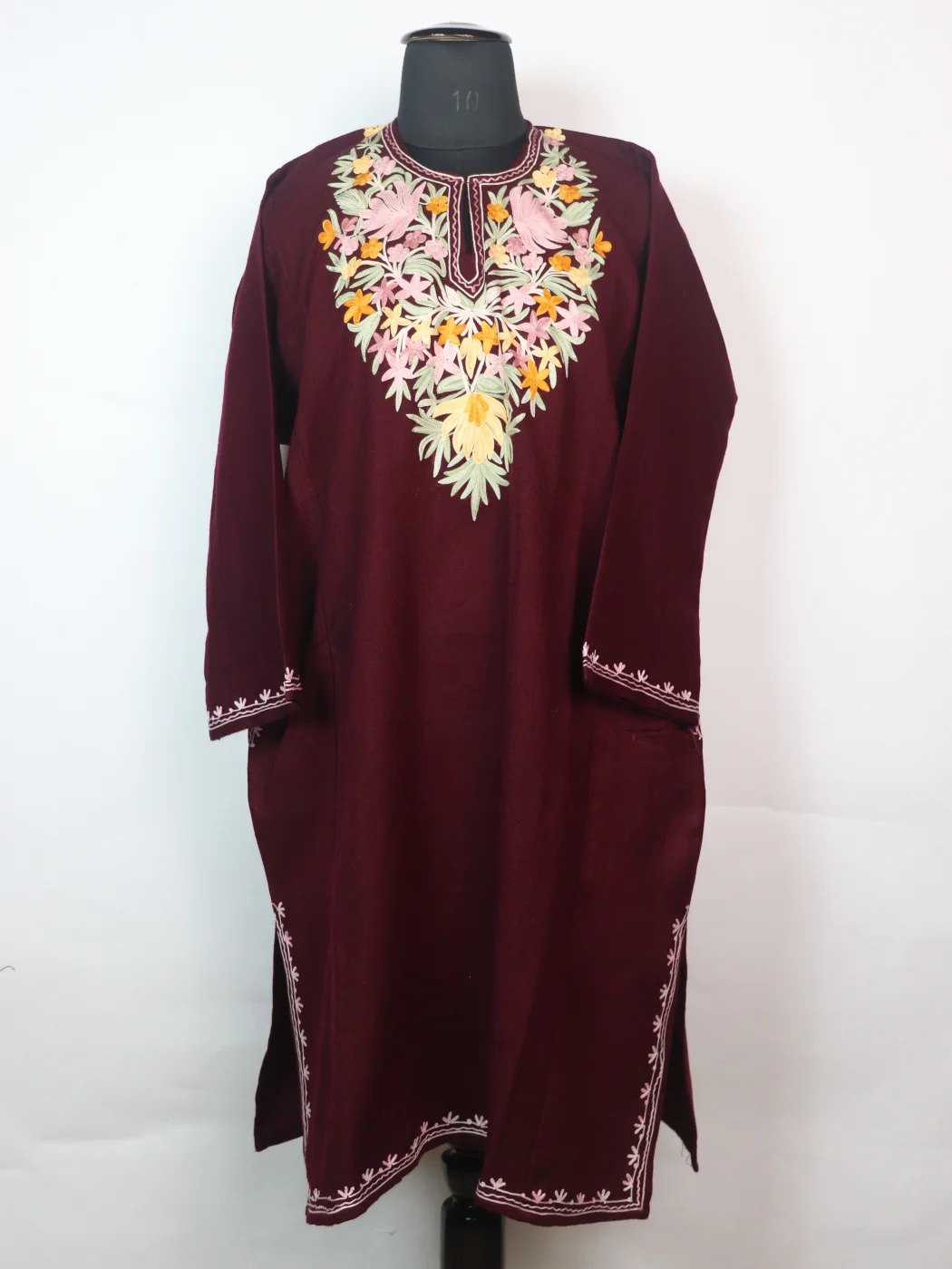 Kashmiri Pheran In Maroon Cashmilon wool With Aari Embroidery | Maliha
