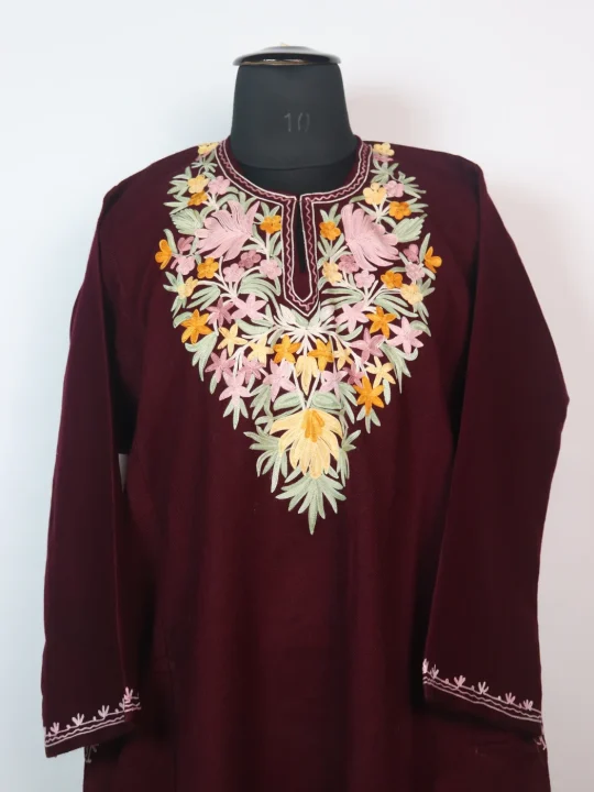 Kashmiri Pheran In Maroon Cashmilon wool With Aari Embroidery | Maliha - Image 2