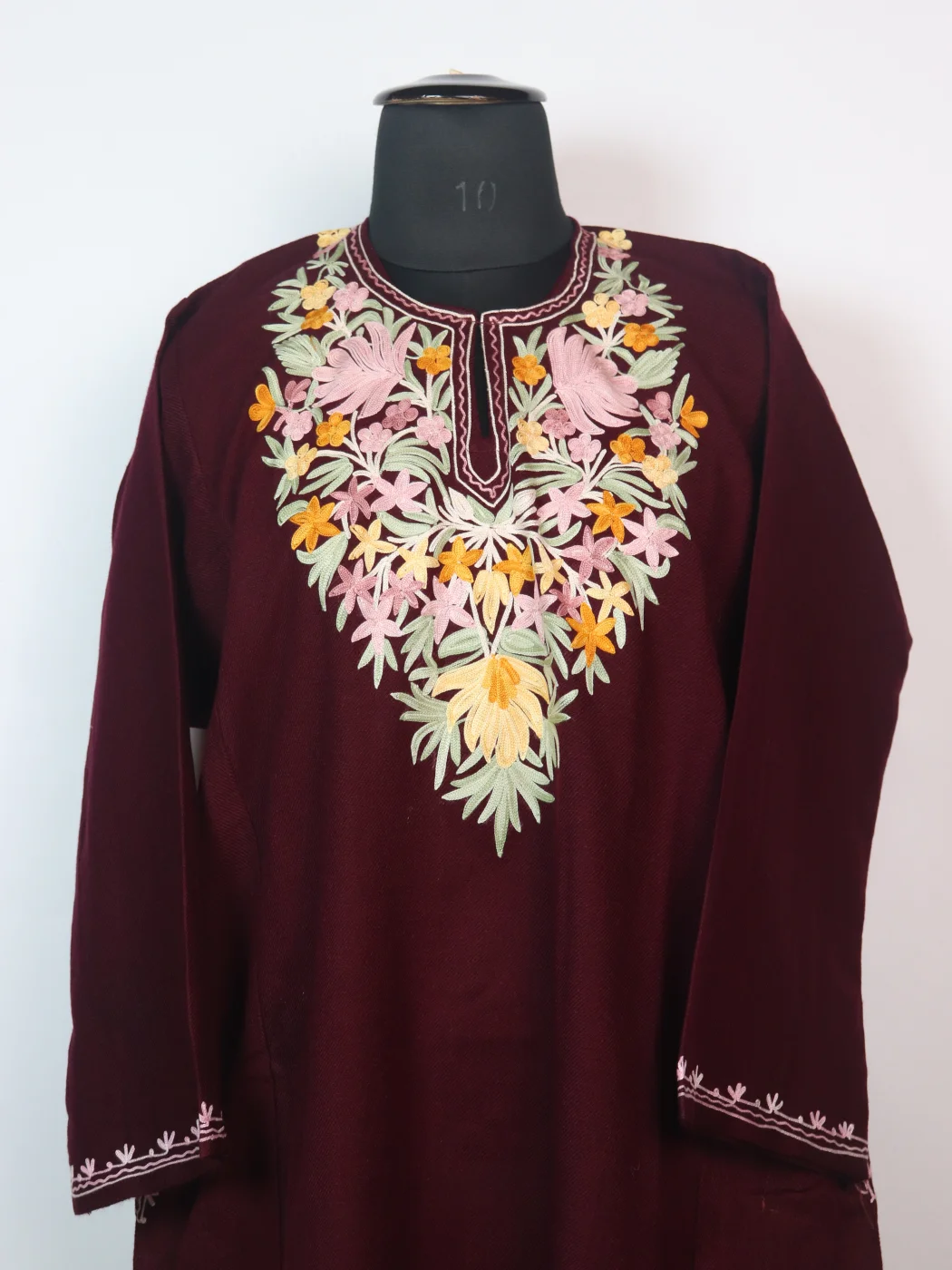 Kashmiri Pheran In Maroon Cashmilon wool With Aari Embroidery | Maliha - Image 2