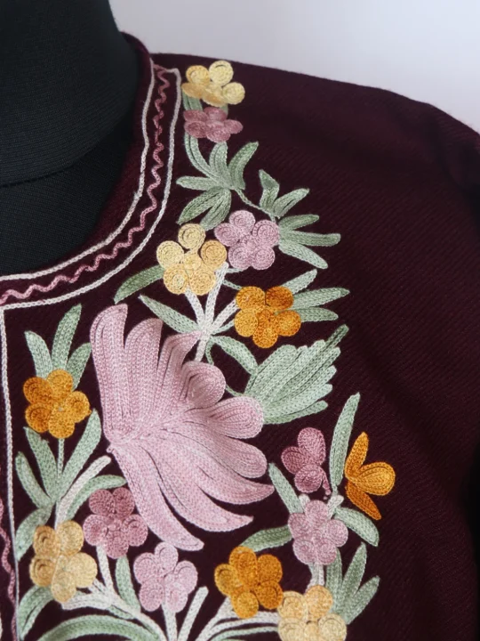 Kashmiri Pheran In Maroon Cashmilon wool With Aari Embroidery | Maliha - Image 3
