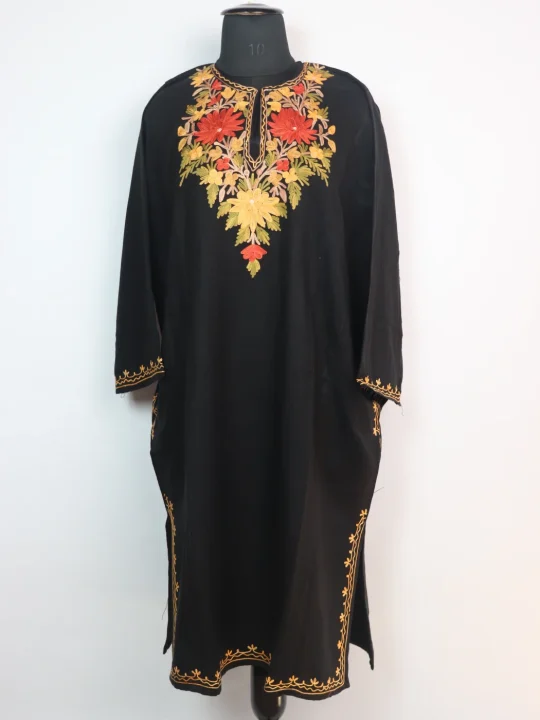 Black Kashmiri Pheran in Cashmilon Wool with Aari Embroidery | Ayesha