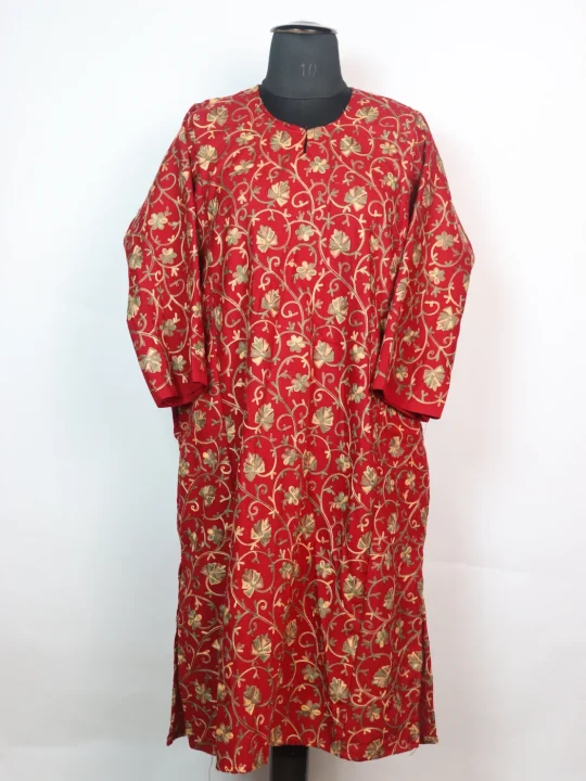 Gauher Kashmiri Pheran In Cashmilon wool With All Over Aari Embroidery | Red