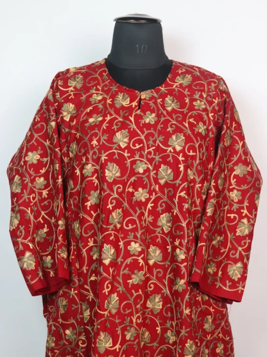 Gauhar Kashmiri Pheran In Cashmilon wool With All Over Aari Embroidery | Red - Image 2