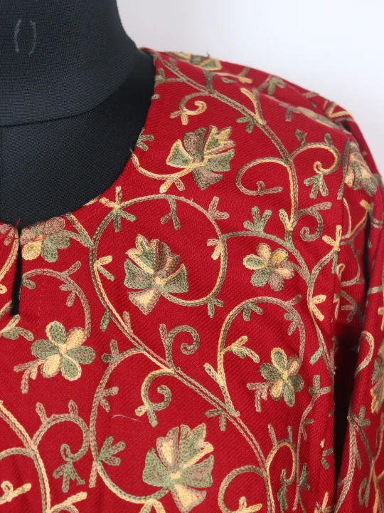 Gauhar Kashmiri Pheran In Cashmilon wool With All Over Aari Embroidery | Red - Image 3