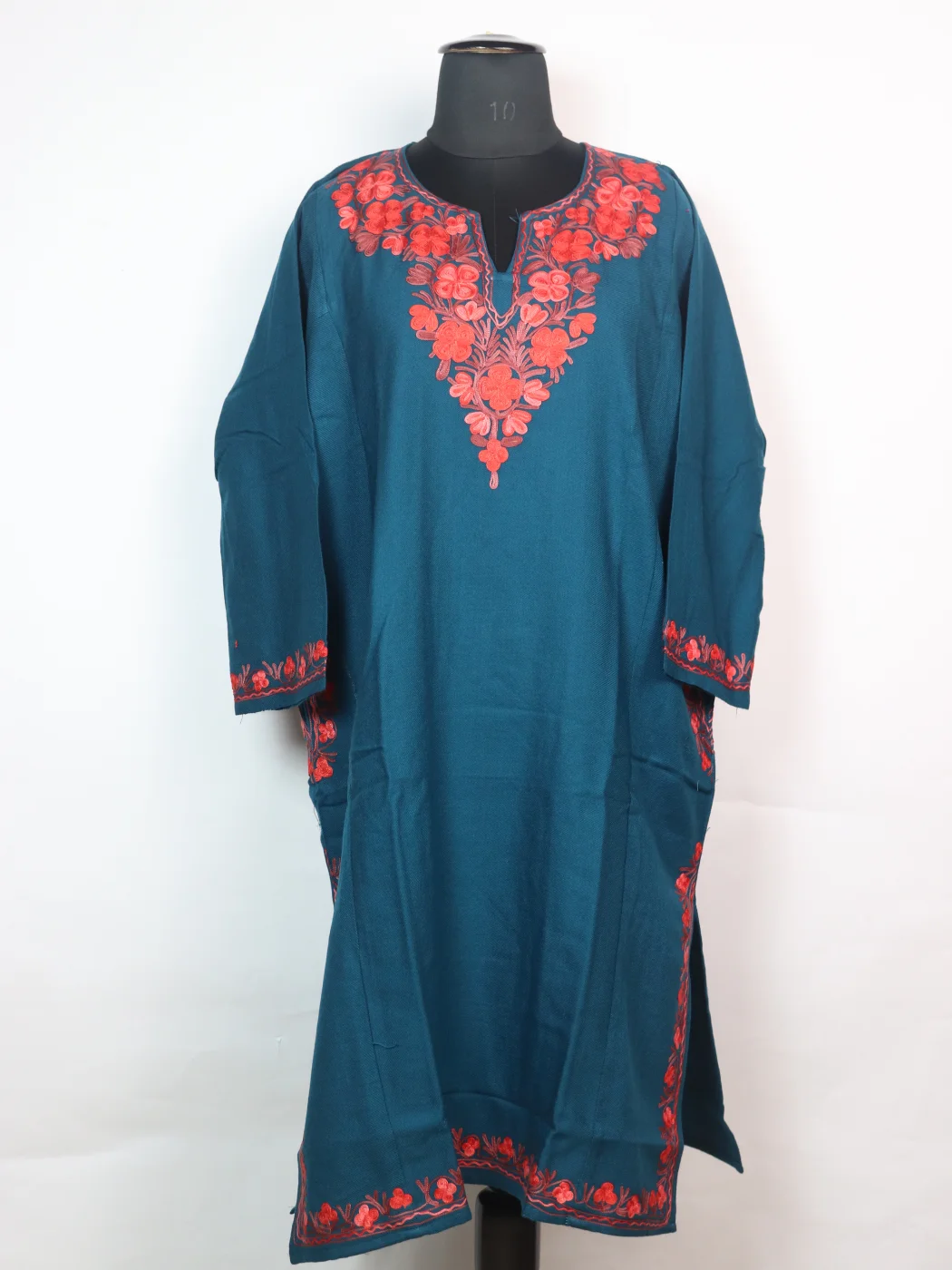 Kashmiri Pheran Insha In Cashmilon wool With Aari Embroidery | Teal Blue