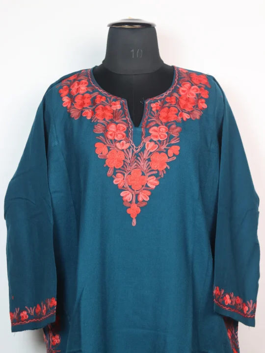 Kashmiri Pheran Insha In Cashmilon wool With Aari Embroidery | Teal Blue - Image 2