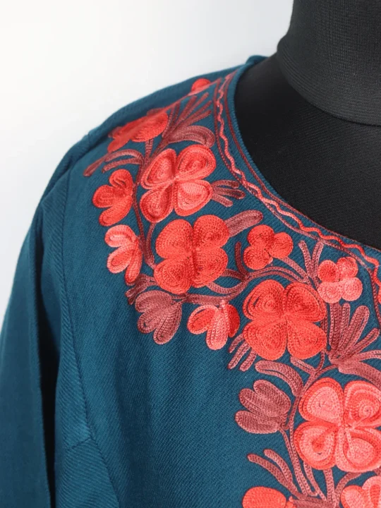 Kashmiri Pheran Insha In Cashmilon wool With Aari Embroidery | Teal Blue - Image 3