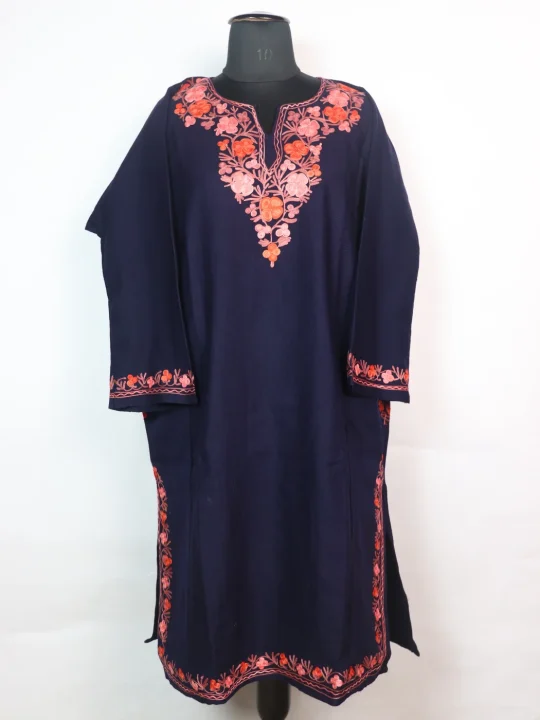 Kashmiri Pheran In Cashmilon wool With Aari Embroidery | Navy Blue | Insha