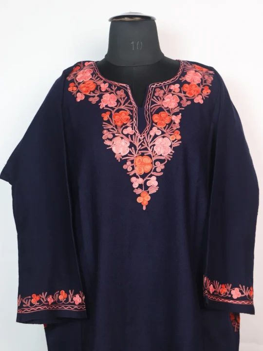 Kashmiri Pheran In Cashmilon wool With Aari Embroidery | Navy Blue | Insha - Image 2