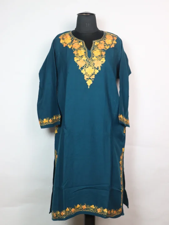 Kashmiri Pheran In Cashmilon wool With Aari Embroidery | Teal Blue | Insha